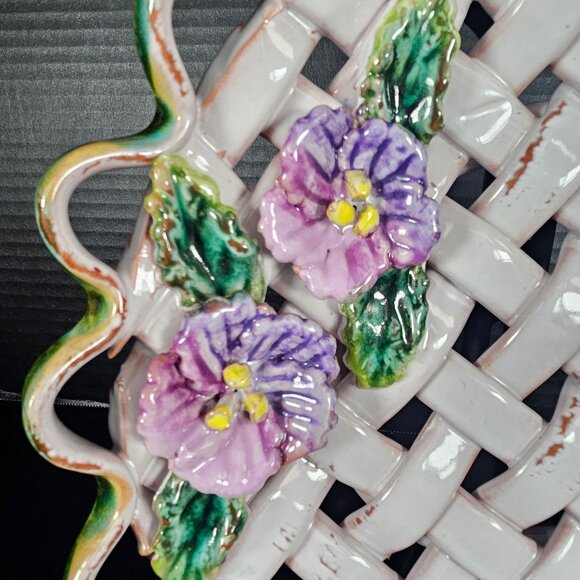 Vintage Italy Majolica Handcrafted Open Weave Ceramic Shallow Bowl Purple Floral - Picture 2 of 12